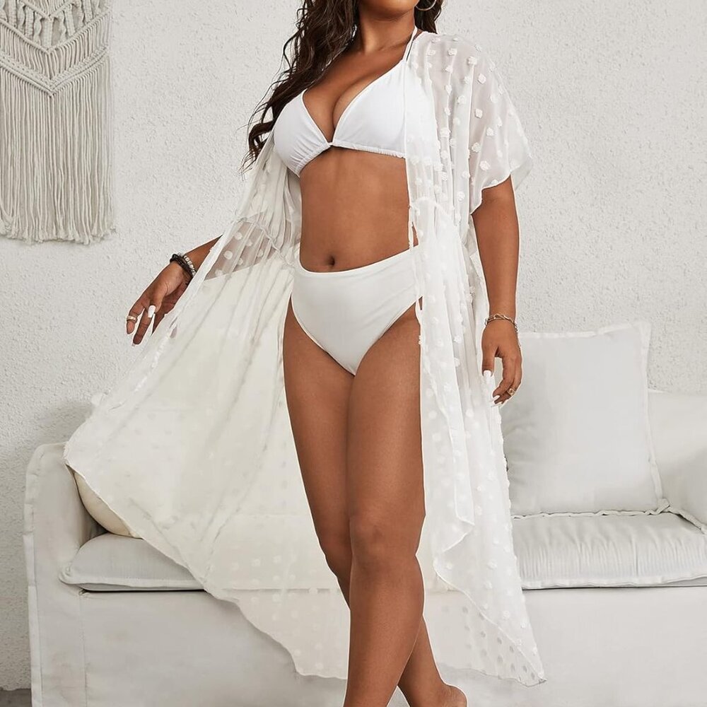 Women's Plus Size Kimono Cover Up Swiss Dots Sheer Mesh Tie Waist Beach Swimsuit - Picture 4 of 6